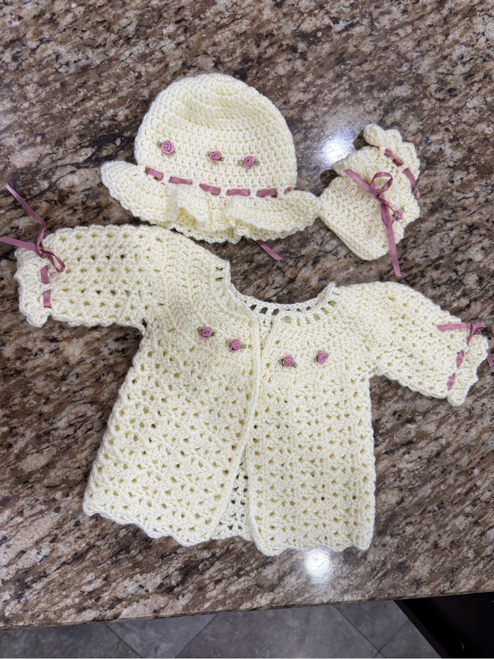 Handmade Yellow Crochet Baby Cardigan, Hat & Booties Set